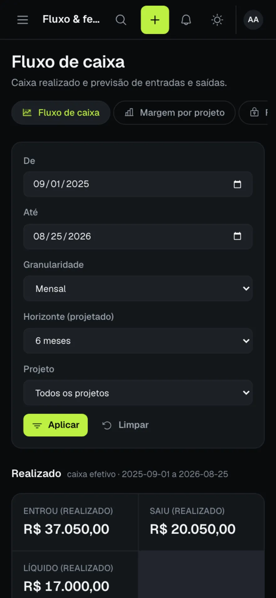 Tela de fluxo de caixa do Aubarvi: entradas, saídas, líquido por período e saldo acumulado mês a mês.