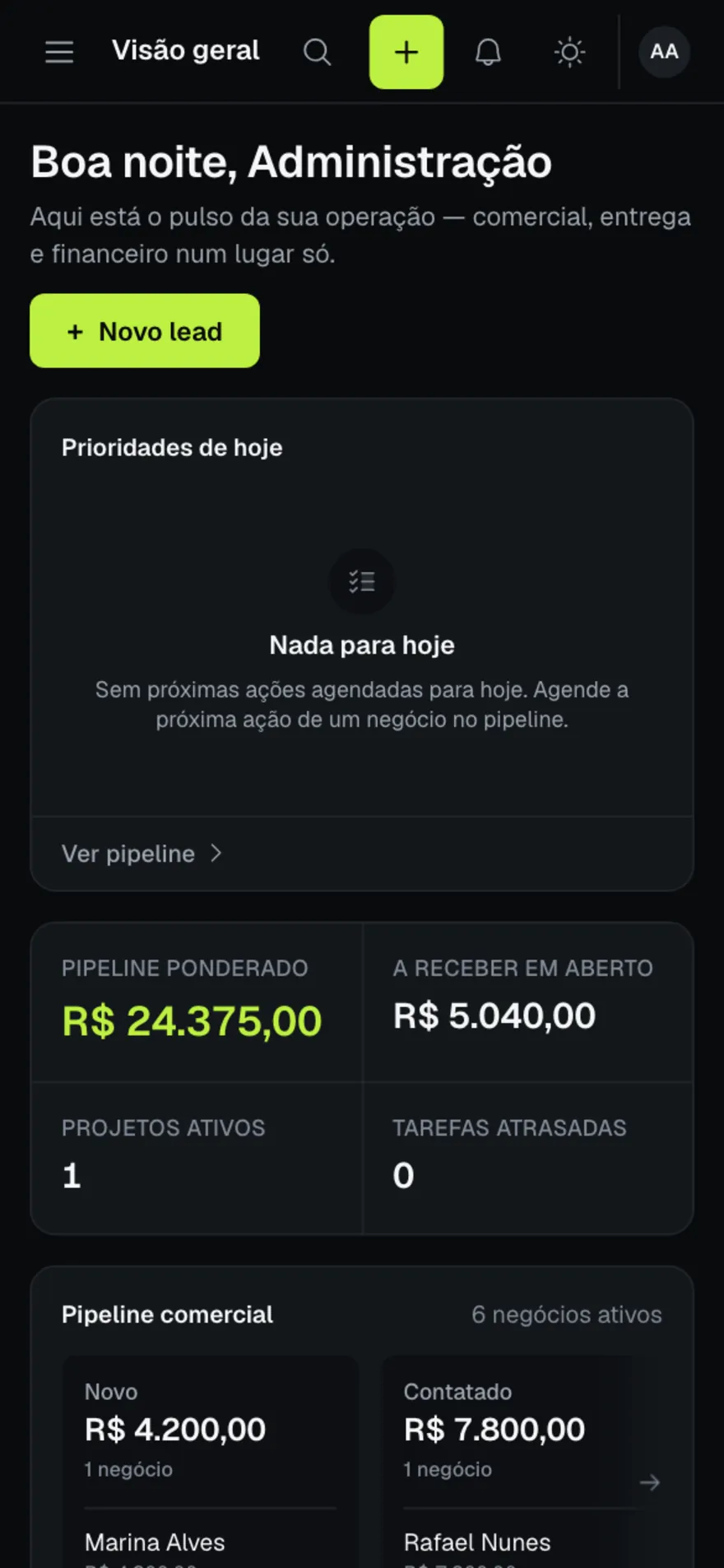 Tela de visão geral do Aubarvi: pipeline ponderado, contas a receber, projetos ativos, fluxo de caixa e próximas ações.