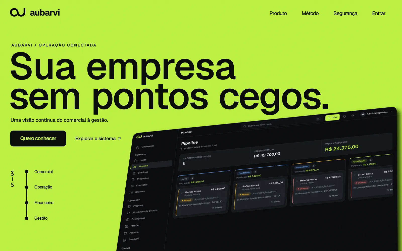 Abertura do site do Aubarvi: título em tipografia larga sobre fundo verde e o painel do sistema entrando inclinado pela direita.